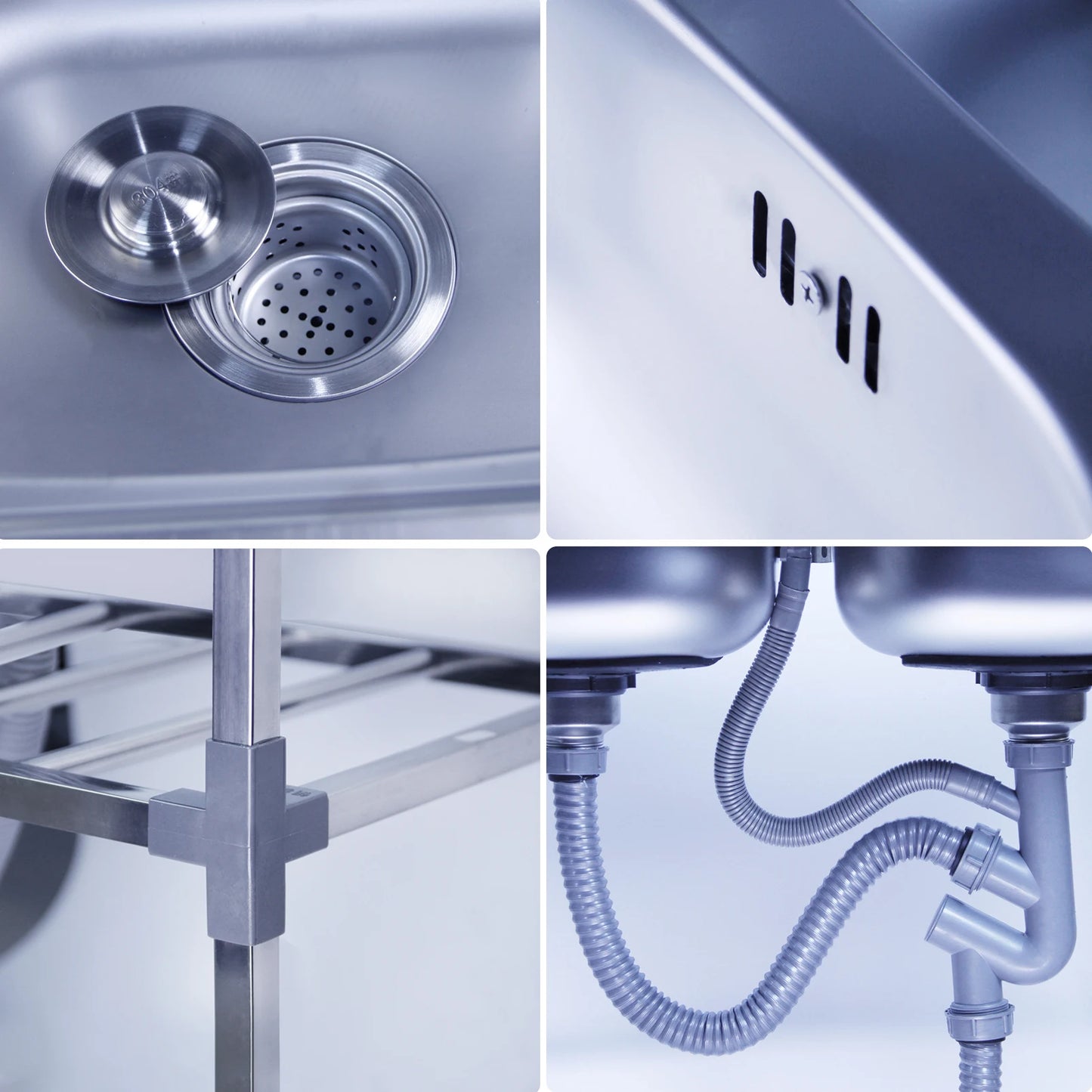 Edelstahlspüle, freistehendes Doppelschüssel-Küchenspülbecken mit Wasserhahn, Warm- und Kaltwasserrohr, Silber 75 * 40 * 83 cm