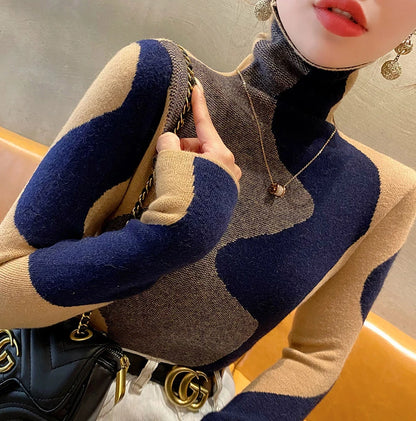 Women Clothing Vintage Fashion Slim Turtleneck Sweaters Autumn Winter Elegant Chic Patchwork Knit Pullovers Office Lady Tops.