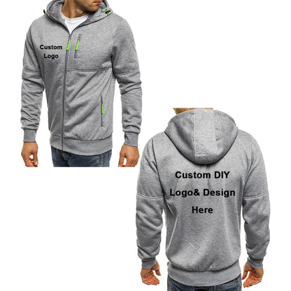 Men's hooded zipper jacket with pockets, custom logo image text, casual sports streetwear, men's cardigan wool sweater, fashion.