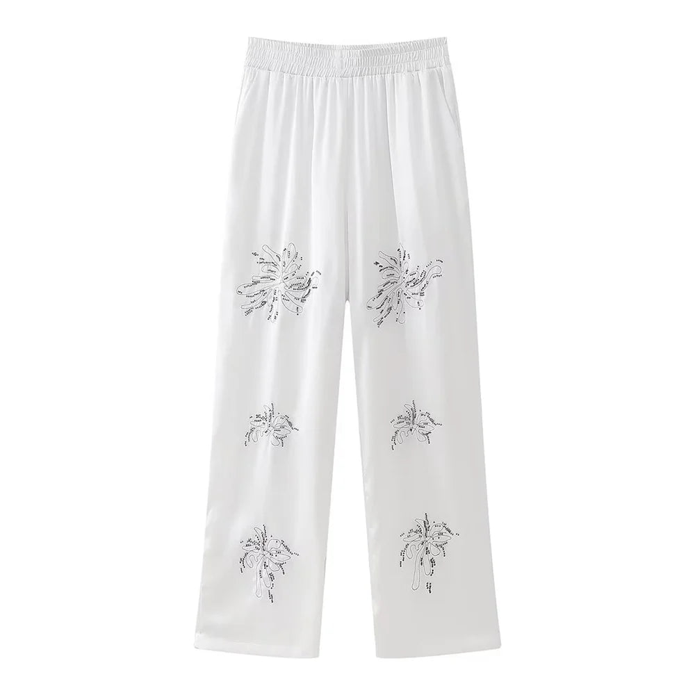 Summer New Product Women's Style Flip Collar with Beaded Embroidered Shirt, High Waist Straight Leg Pants Set