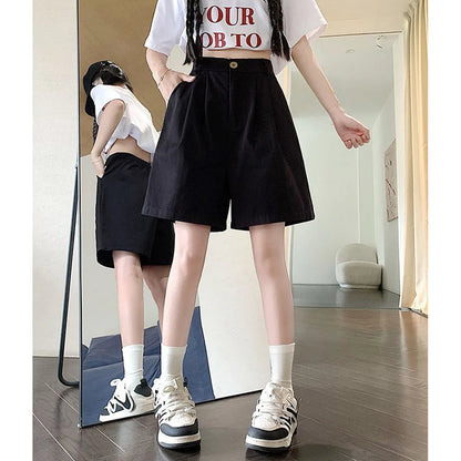 2025 Summer Women Casual Daily Khaki Short Pants Female High Waisted Cargo Shorts Girls Retro Baggy Wide Leg Slacks.