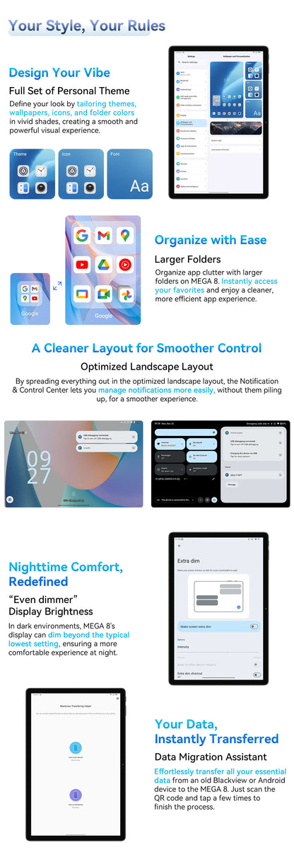Blackview Mega 8 [No EU Charger] Tablet 11000mAh 13" FHD Display 36GB+512GB 50MP+13MP+0.08MP Android 15 90Hz 2K Dual SIM 4G 1080P