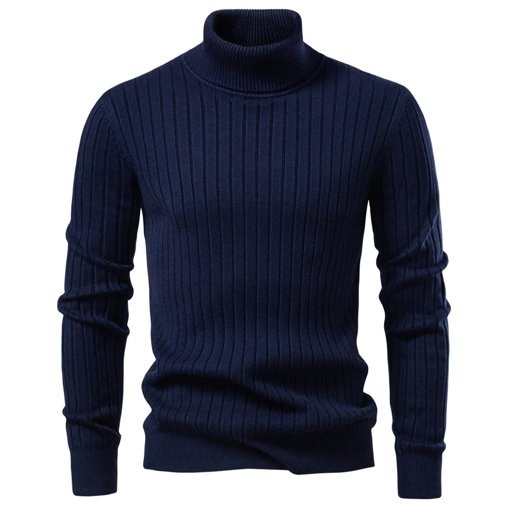 AIOPESON Men's Turtleneck Sweater Solid Color with Striped Pullover Warm Knitwear Winter Basic Casual High Quality Sweater Male.