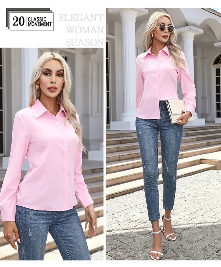1pcs Woman Spring Autumn Solid color Shirts Lady Casual Long Sleeve Turn-down Collar Loose Shirt Female Fashion Temperament Tops.