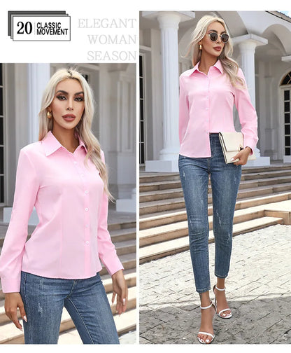 1pcs Woman Spring Autumn Solid color Shirts Lady Casual Long Sleeve Turn-down Collar Loose Shirt Female Fashion Temperament Tops.