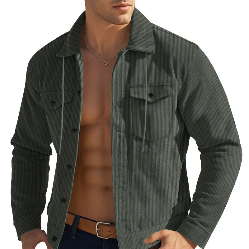 Men's Corduroy Jacket Stand-up Collar Slim Fit Retro Multi-pocket Workwear Commuter Coat for Spring And Autumn