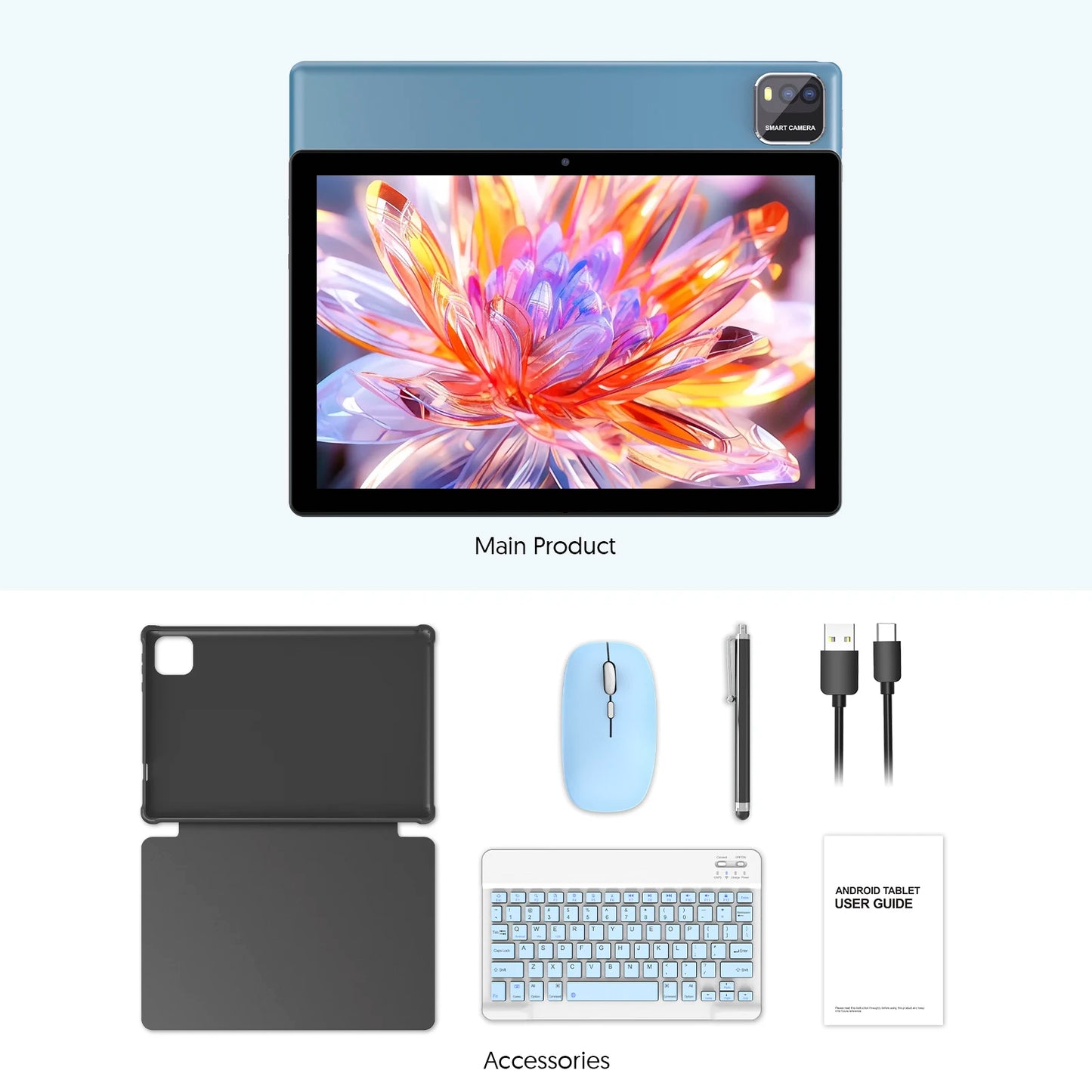 New Android 10.1-inch tablet, supports Google Play, quad-core processor, 12GB (3+9) RAM, 64GB ROM, Bluetooth, 6000mAh battery.