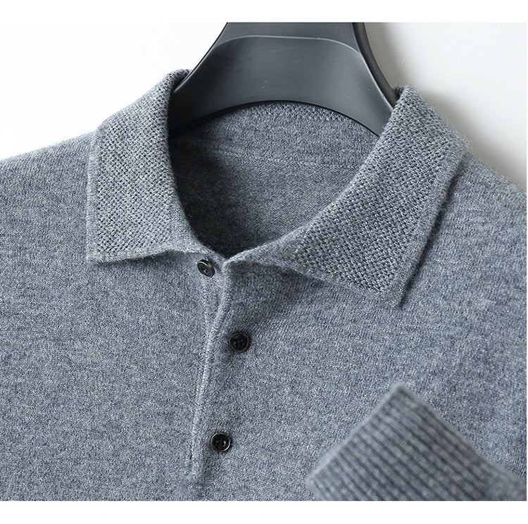 LHZSYY 100%Merino Wool Hot Cardigans Men Lapel Pullover Long Sleeve POLO Neck Sweaters Loose Tops Knit Clothing Large Size Shirt.