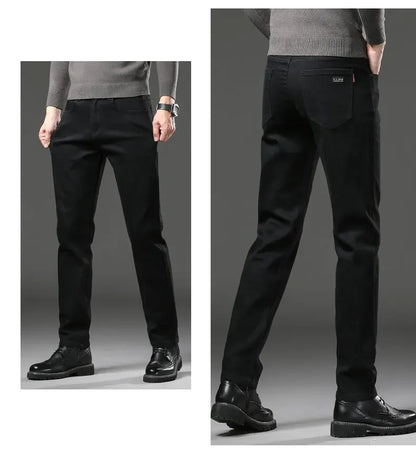 Men's Black Straight Leg Jeans Casual Elastic Business Pants High Waist Slim Fit Long Trousers New 2025 Gray Color.