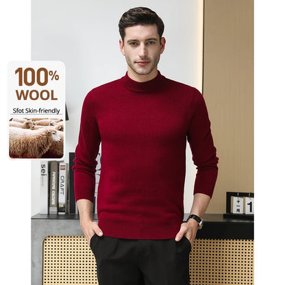 High End 100% Wool Thick New Autum Winter Fashion Brand Pullover Knit Half Turtleneck Business Sweater Casual Men Clothing