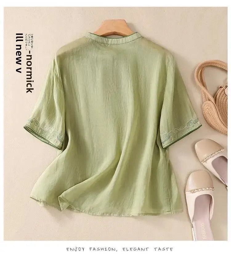 Retro Chinesischen Stil Lose Fit Baumwolle Leinen Kurzarm Shirt frauen Sommer Schwere Stickerei Abnehmen Top Flagge Kleid