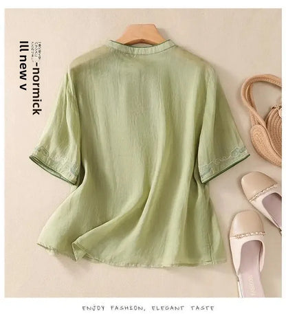 Retro Chinesischen Stil Lose Fit Baumwolle Leinen Kurzarm Shirt frauen Sommer Schwere Stickerei Abnehmen Top Flagge Kleid