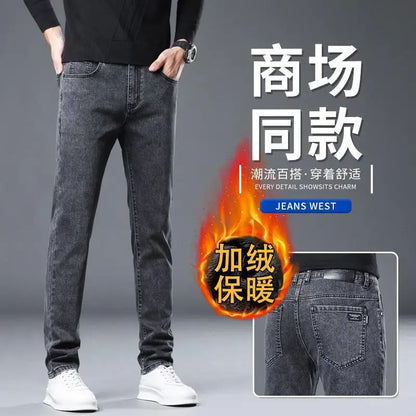 Loose Casual Jeans for Men Mid-aged Thick Winter Long Pants Business Style Straight Leg Spring Autumn Korean Version