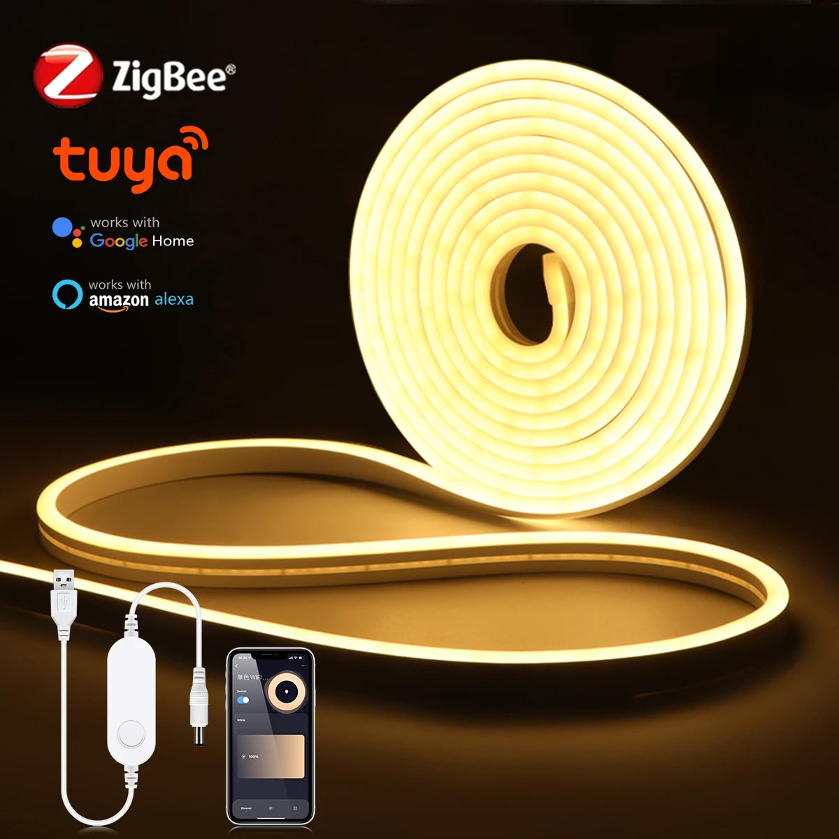 RGB Neon Light LED Strip ZigBee 5V USB Flexible RGB Rope Tube Lamp Warm/White Dimmable Lights for Tuya SmartThing Alexa Google.