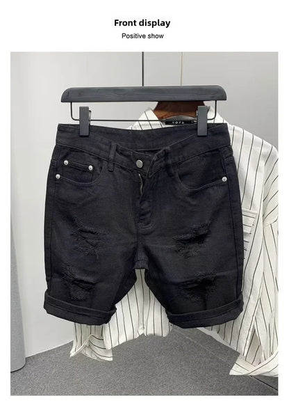 New Men's Denim Shorts Trendy Solid Color Ripped Slim Fit High Waist Elastic Waist Breathable Quick Dry Cotton Pants.