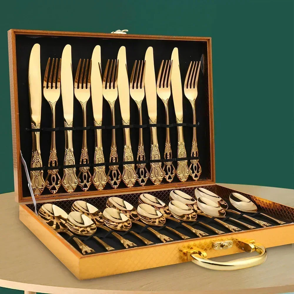 Golden Stainless Steel Cutlery Set Royal European Spoon Fork Complete Tableware Retro Design Dishwasher Safe Elegant Flatware.