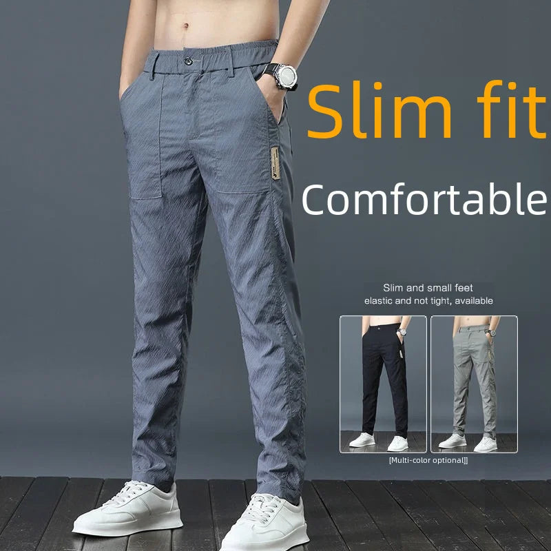 Men's Ice Silk Ultra-thin Casual Pants Korean-style Trendy Loose-fit Straight-leg Lightweight Quick-dry Long Trousers For Summer.