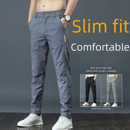 Men's Ice Silk Ultra-thin Casual Pants Korean-style Trendy Loose-fit Straight-leg Lightweight Quick-dry Long Trousers For Summer.