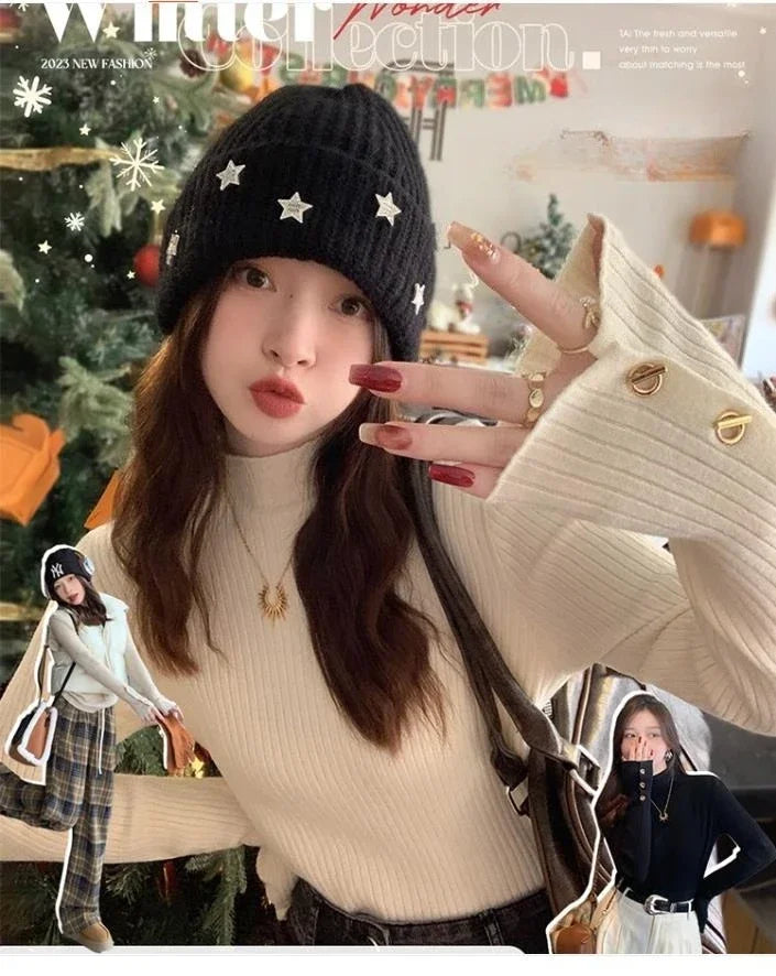 2025, weibliche Casual Tops Pullover Frauen Herbst Winter Gestrickte Dünne Pullover Feste Taste Volle Hülse Halb Hohen Kragen Pullover.