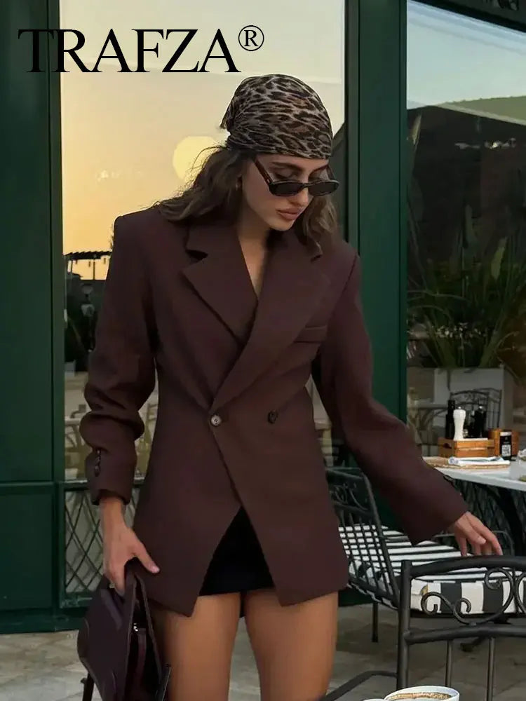 TRAFZA Frauen Elegante Feste Revers Zwei Tasten Anzug Jacke Mode Lange Hülse Dünne Kurze Mäntel 2024 Neue Casual Büro Dame Blazer.