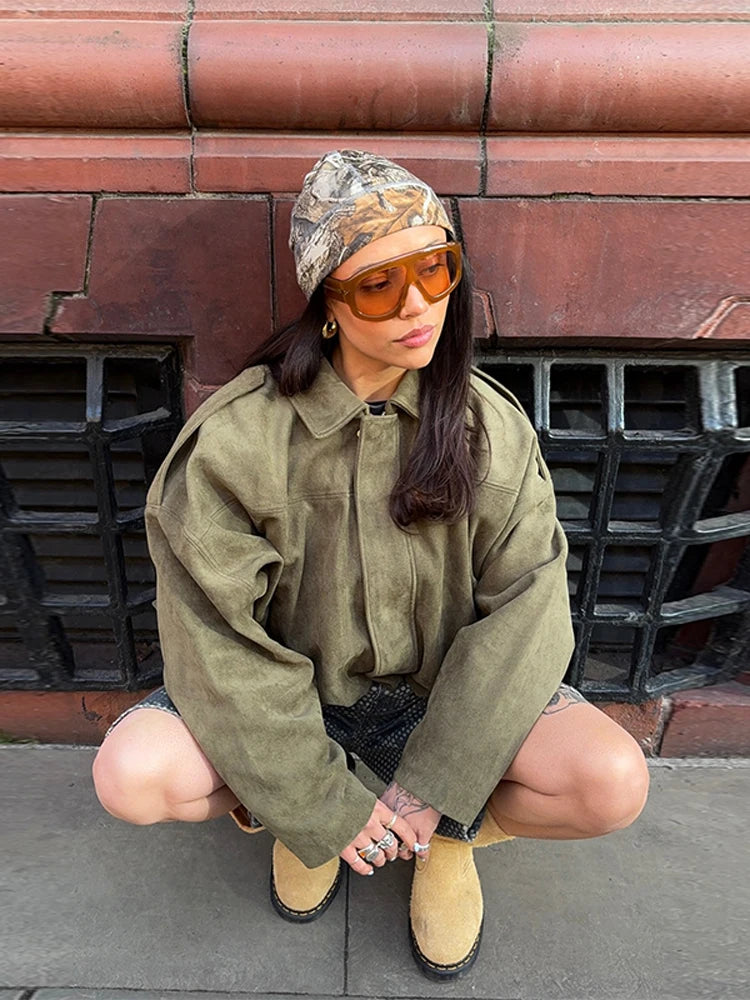 2025 herbst frauen Grün Wildleder Jacke Lose Revers Zipper Langarm Taschen Bomber Mantel Neue Mode Dame Dicke Streetwear.