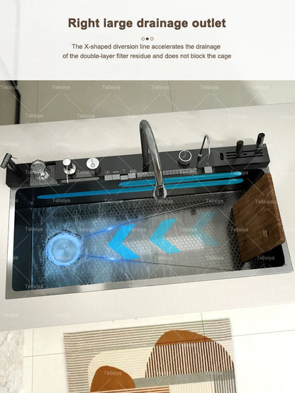 Küchenspüle aus Edelstahl mit Wasserfall, Einzelschüssel, Digitalanzeige, extra großer Schlitz, multifunktionale Waschbecken