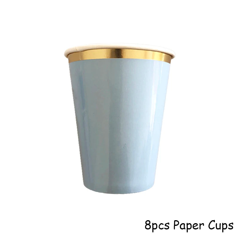 Gold Blue Party Disposable Tableware Paper Straw Cups Plates Napkins Baby Shower Favors Birthday Wedding Decor Party Supplies.