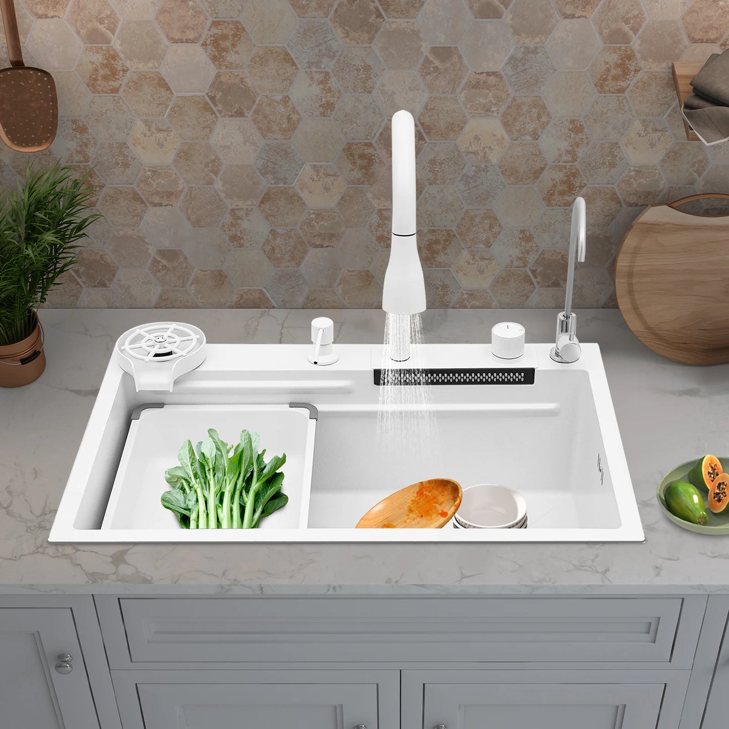 Küchenspüle, rostbeständiges Spülbecken mit ausziehbarem Wasserhahn, Schallschutzwirkung für Zuhause/Küche/Kanteine/Hotel/Bar