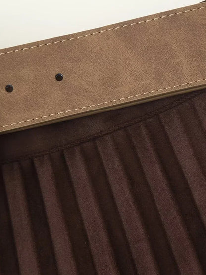 European and American style autumn new fashion trend casual simple women's matching belt suede effect pleated midi skirt.