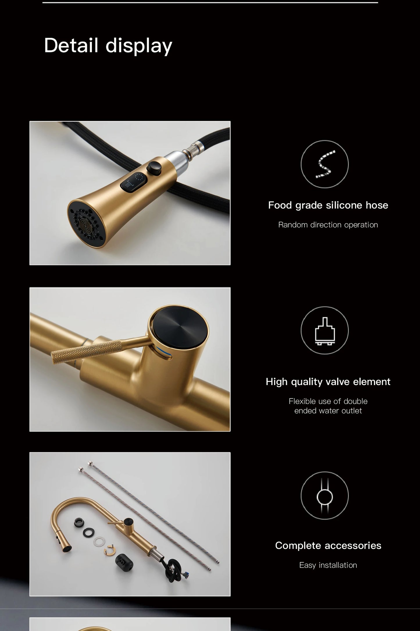 Luxury brushed gold kitchen faucet with pull-out design, 1-hole single handle cold and hot dual control dual function sink Tap