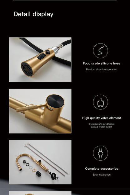 Luxury brushed gold kitchen faucet with pull-out design, 1-hole single handle cold and hot dual control dual function sink Tap