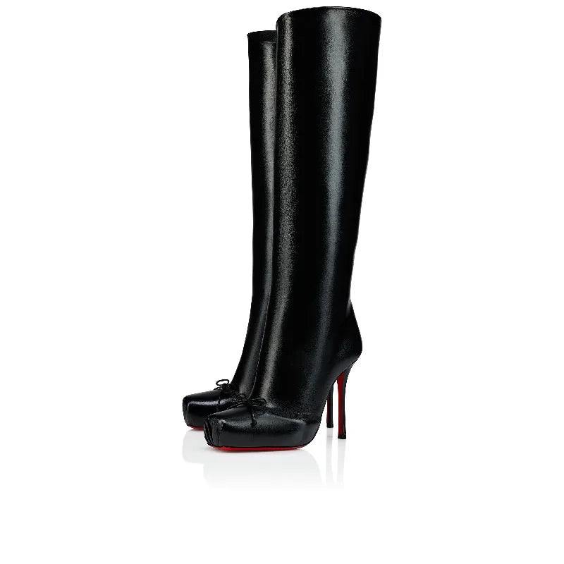 European and American Fashion Niche High-heeled Square Toe Side Zipper Knee High Bow Boots Women's Versatile Banquet Shoes.