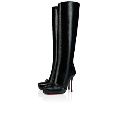 European and American Fashion Niche High-heeled Square Toe Side Zipper Knee High Bow Boots Women's Versatile Banquet Shoes.