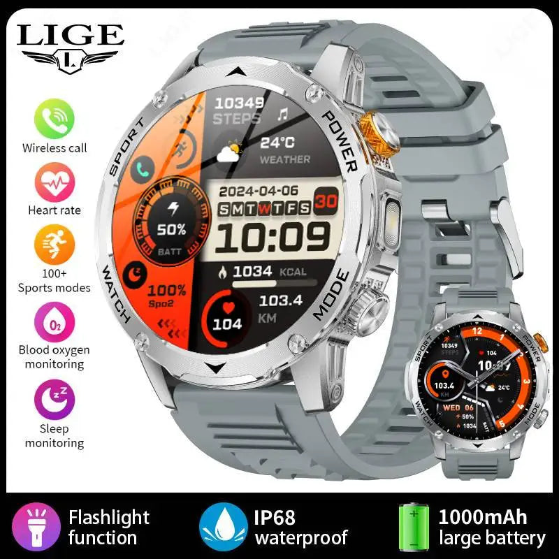 LIGE 2025 New 1000mah Smart Watch Men AMOLED HD Display Sport Fitness LED Flashlight Bluetooth Call Smartwatch For HUAWEI XIAOMI