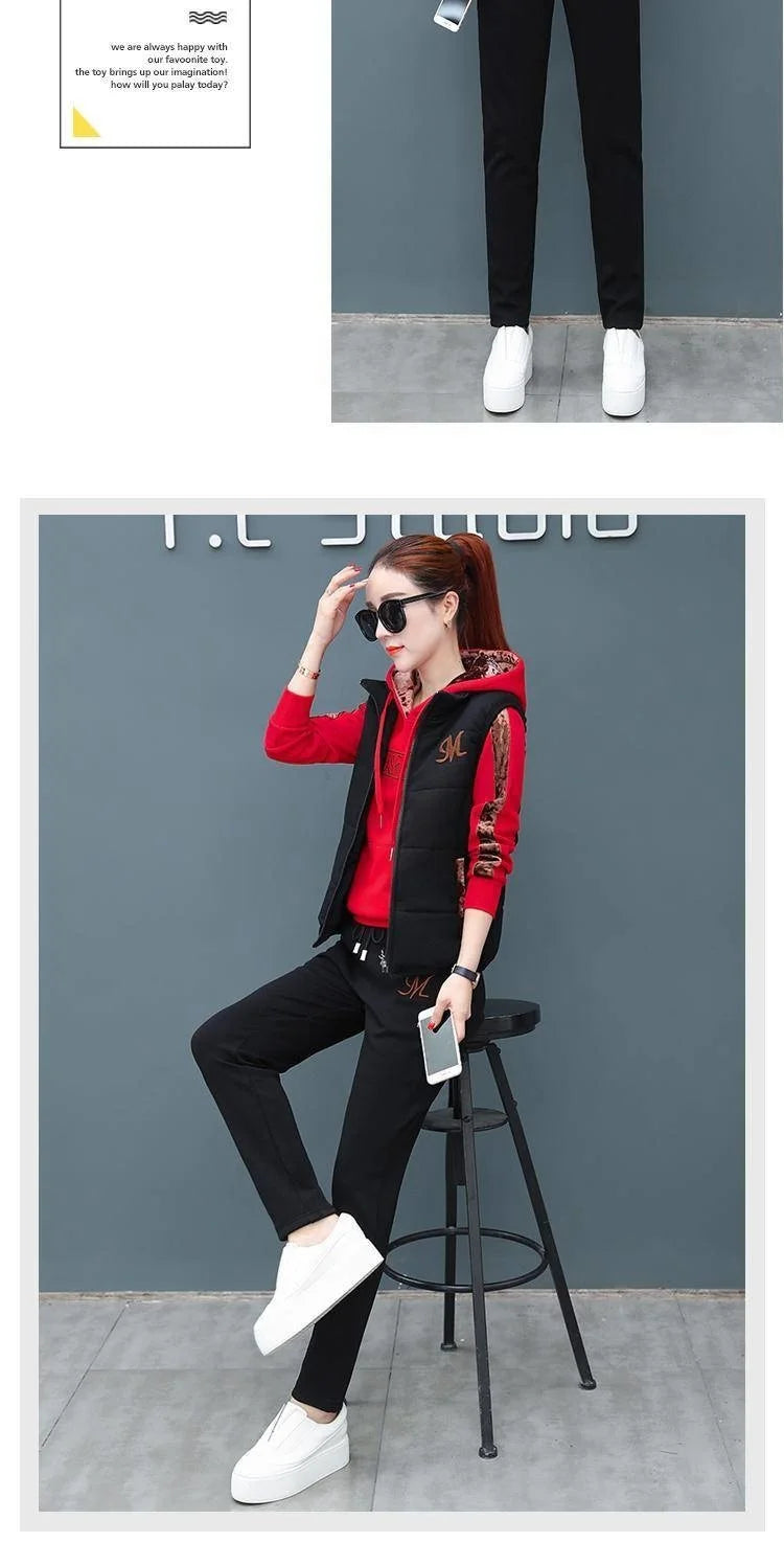 2024 Autumn Winter New Women's Casual Sweat Suit Fashion Plush Thickened Hooded Tops Waistcoat Pants 3 Three Piece Set For Women.