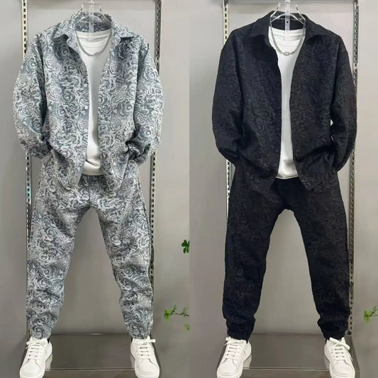 New Spring and Autumn Men's Casual Suit Lapel Jacquard Shirt Trousers Two-piece Set Comfortable Loose.