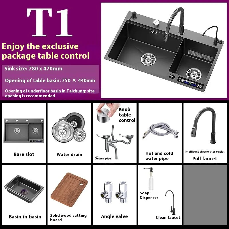 Water Catalyst Stainless Steel Kitchen Sink Multifunctional Smart Double slot Cleaning Ingredients Dishes Kitchen Sink