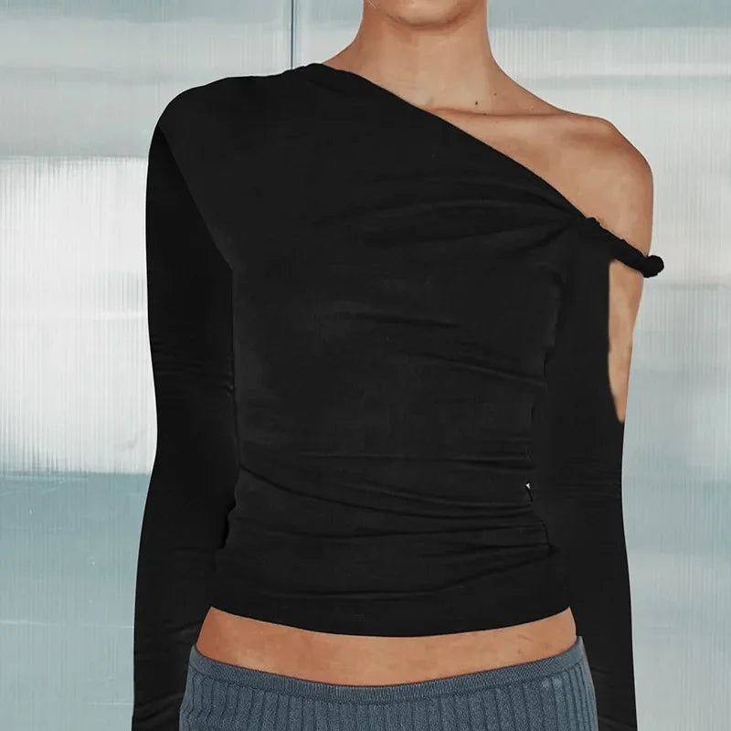Autumn Asymmetric Single Shoulder Long Sleeve Pleated Solid Color New Style YTP Women's Top Asymmetrical Neckline T-shirt.
