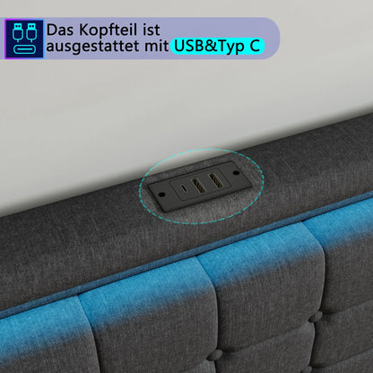 Lazyspace Leinen-Polsterbett mit 4 Schubladen, moderner Doppelbettrahmen mit LED-Beleuchtung und USB-Ladeanschluss, funktionelles Bett