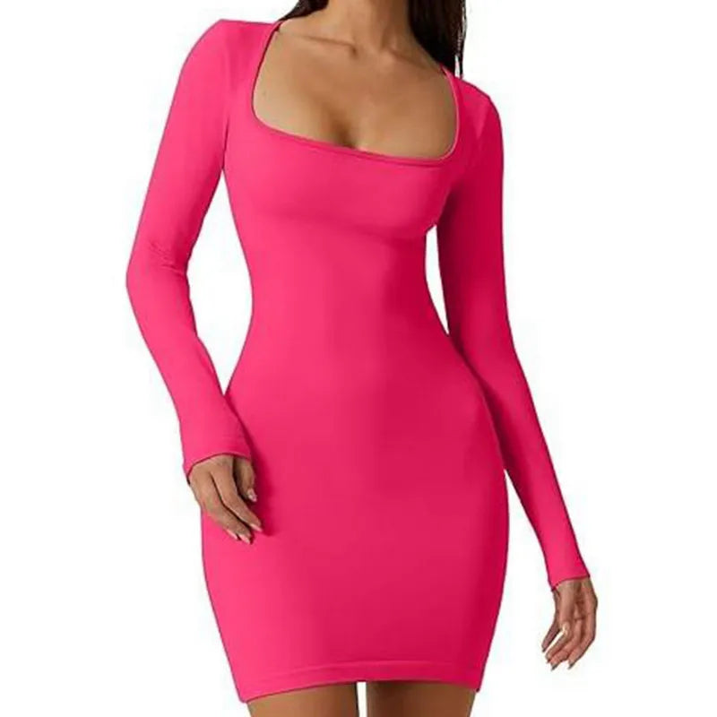 Wpnaks Frauen Bodycon Kleid Frühling Herbst Kleidung einfarbig sexy Langarm quadratischen Hals schlanke Mini kleid Club Streetwear.
