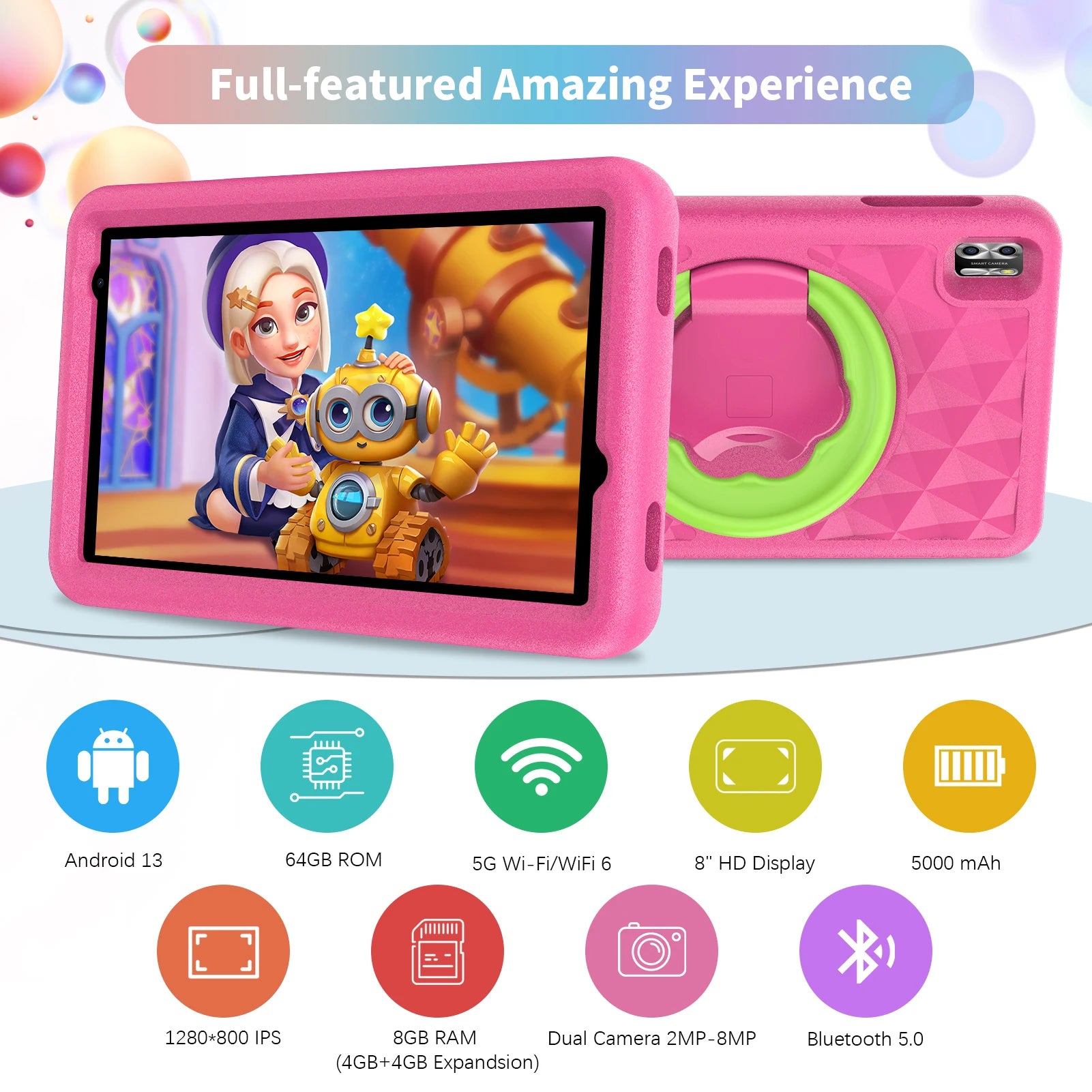VASOUN Kids Tablet 8 Inch, Android 13 Quad Core, 8GB(4+4expand)RAM+64GB ROM, 5000mAh, Dual Camera, WiFi, Parental Control.