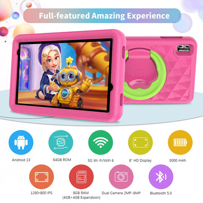 VASOUN Kids Tablet 8 Inch, Android 13 Quad Core, 8GB(4+4expand)RAM+64GB ROM, 5000mAh, Dual Camera, WiFi, Parental Control.