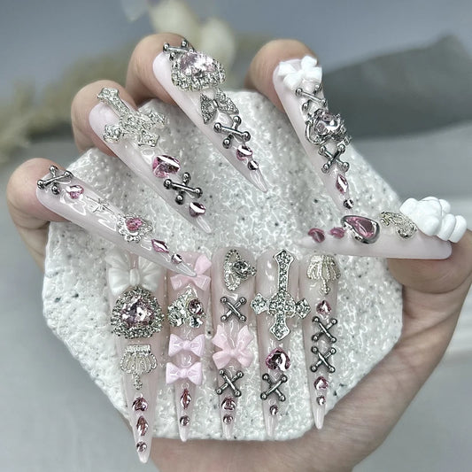 10PCS Y2K Pink Jirai Cute Long Handmade Press On Nails Shibuya Gyaru Bow Heart Cross Diamond Crown Stiletto Fake Nails Nail Art.