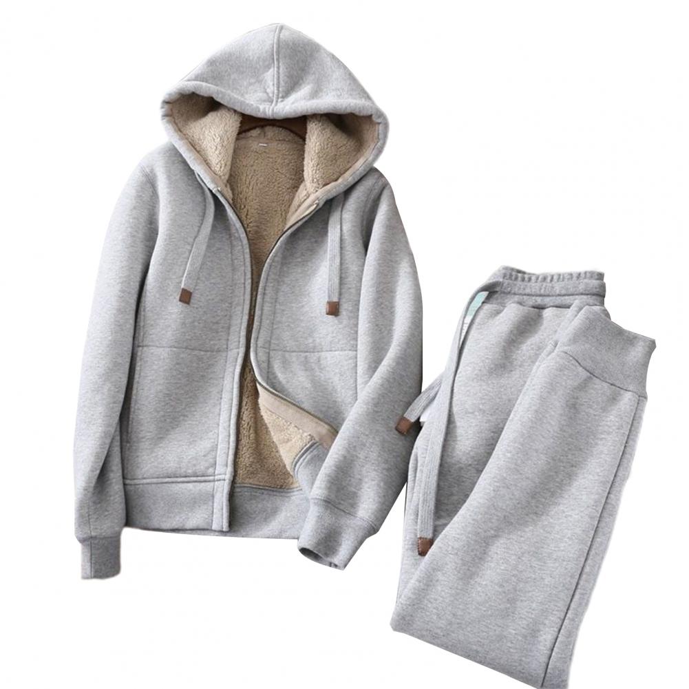 Women's Sweatshirt Pants Suit Autumn and Winter Warm Long-sleeved Fleece Thick Hoodie Coat Jogger Pants Sportswear Two-piece Set.