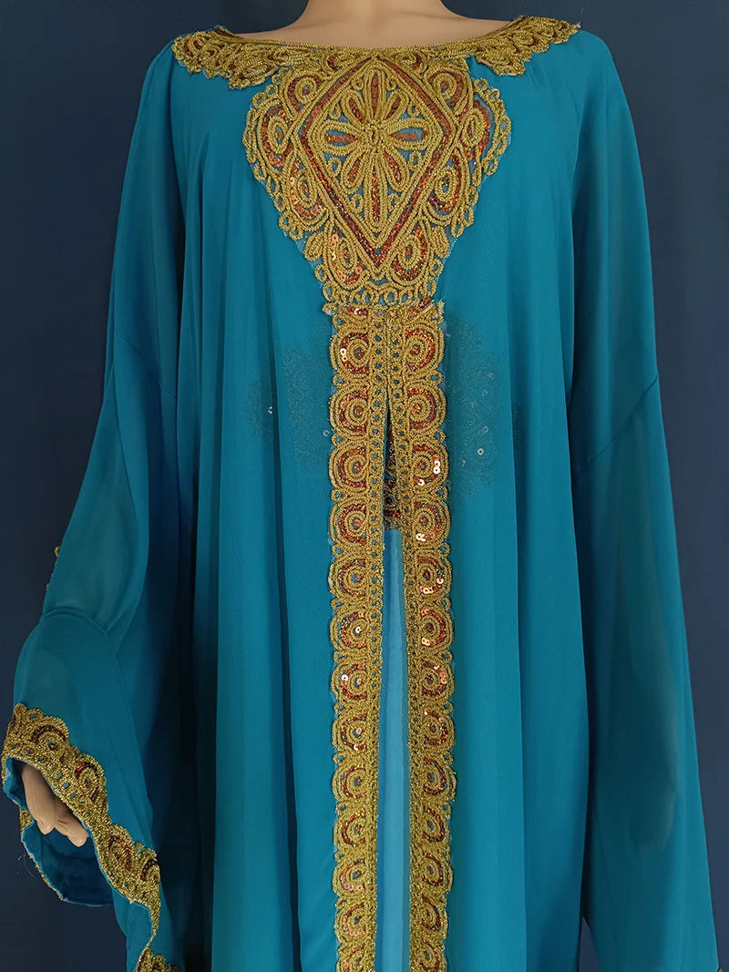 Partykleider für Frauen, Abaya, muslimischer Kaftan, 2-teiliges Set, Eid-Flare-Ärmel, Robe, bestickt, goldene Spitzenkleid, Anzug, Jalabiya Ramadan.