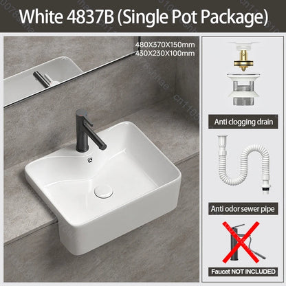 Porcelain Ceramic Vessel Sink with Drain Semi Recessed Vanity Art Sink Wash Basin Bowl for Modern Home Bathroom Decor Washbasin