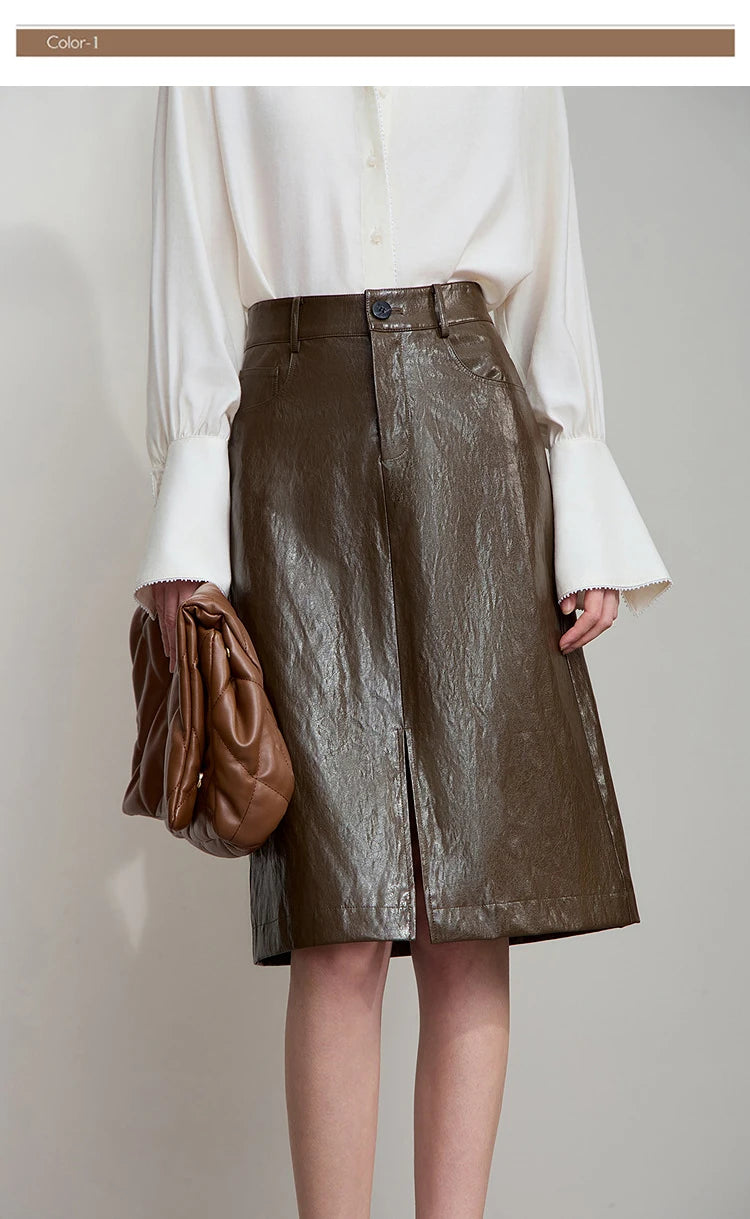 AMII Minimalist PU Leather Skirt For Women 2025 American Retro Knee-Length Skirt Solid Basics Business Women's Clothing 12553014.