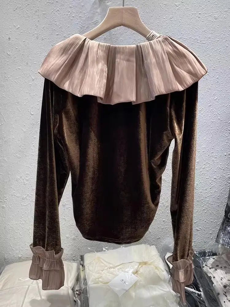 Autumn Korean Patchwork Solid Color Peter Pan Collar T-Shirts Female Temperament Ruffles T-Shirts Women Clothing All-match Tops.