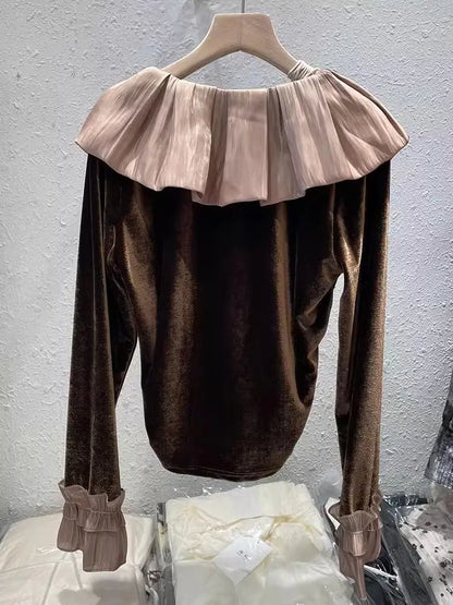 Autumn Korean Patchwork Solid Color Peter Pan Collar T-Shirts Female Temperament Ruffles T-Shirts Women Clothing All-match Tops.