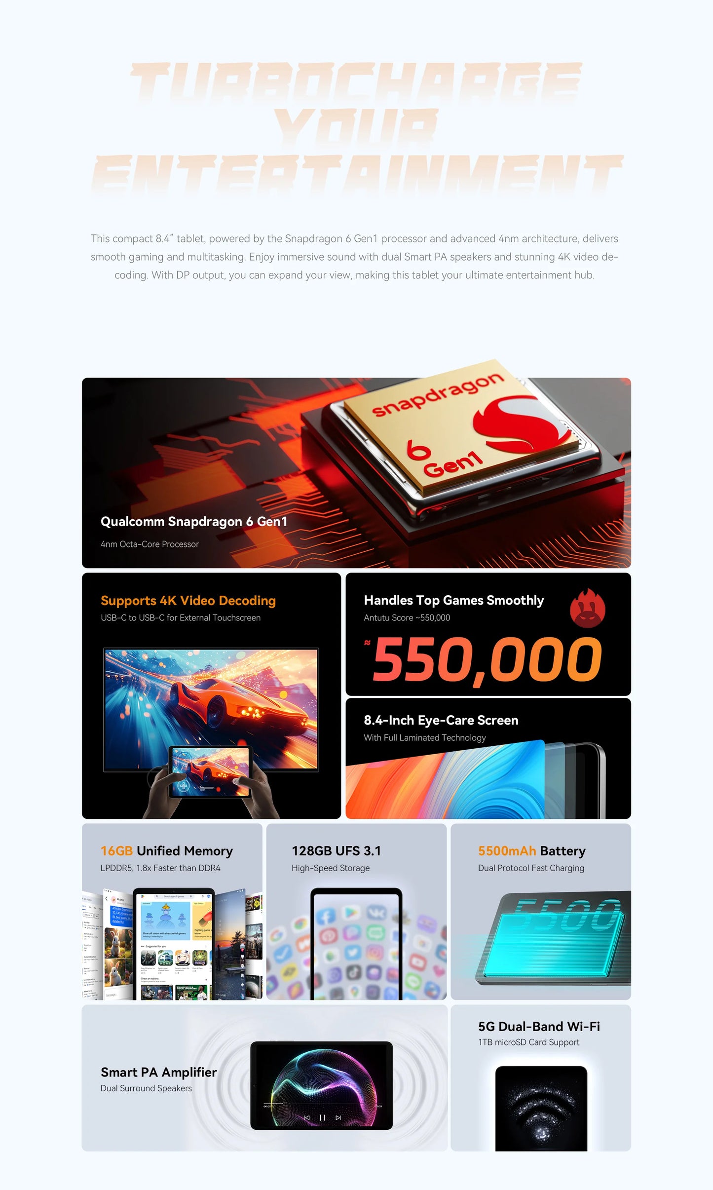 ALLDOCUBE iPlay60 mini Turbo Tablet 8.4" 60Hz Snapdragon 6 Gen1 16GB(8GB+8GB Virtual) RAM 128GB ROM WiFi 5500mAh Android 14.